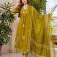 Jaimini Women Cotton Printed V-Neck 3/4 Sleeves Calf Length Flared Kurta Pant And Dupatta Set