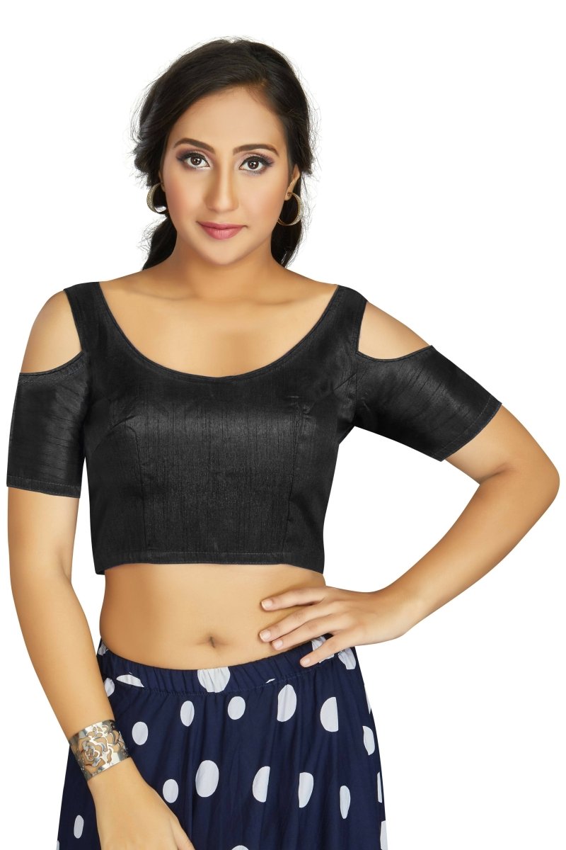 Aastha Fashion Women's Black Art Silk Cold Shoulder Sleeve Readymade Blouse