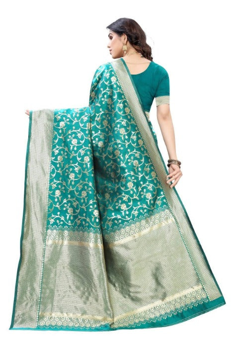 Vamika Banarasi Jacquard Weaving Rama Green Saree (PARINITI RAMA) | Swadesiicart