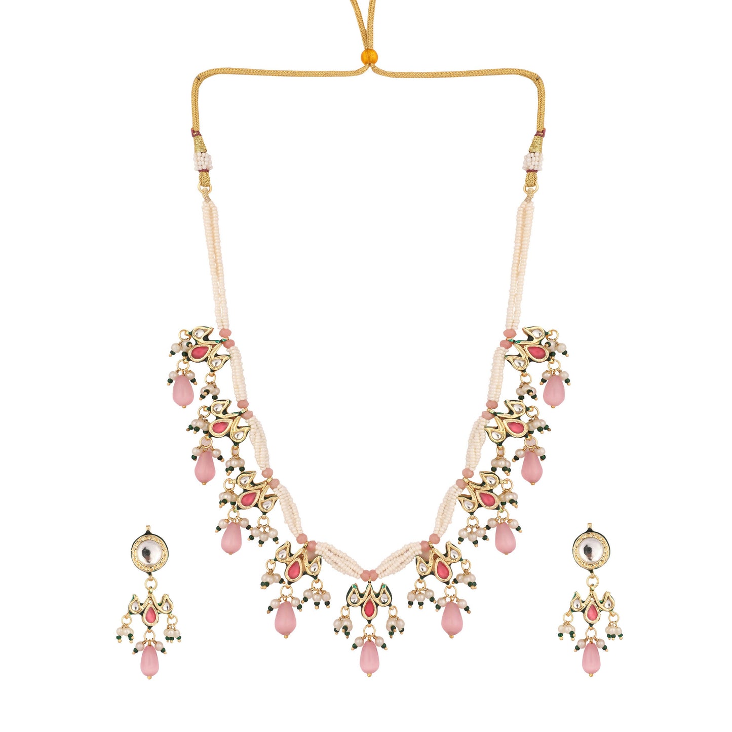 Nuyug 22K Gold Plated Pearl Empress Flora Pink Stone Drops Necklace Set | Swadesiicart