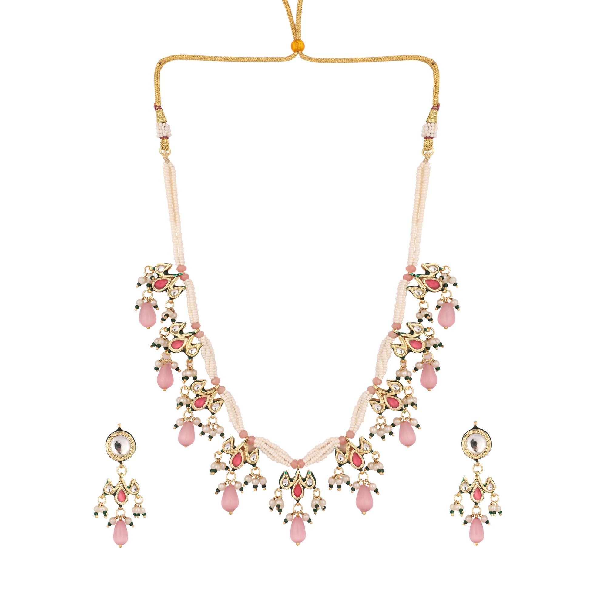 Nuyug 22K Gold Plated Pearl Empress Flora Pink Stone Drops Necklace Set | Swadesiicart