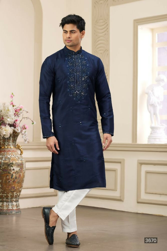 Raivat Ethnic Banarasi Art Silk Thread and Mirror Work Kurta Pajama In Blue Colour | Swadesiicart