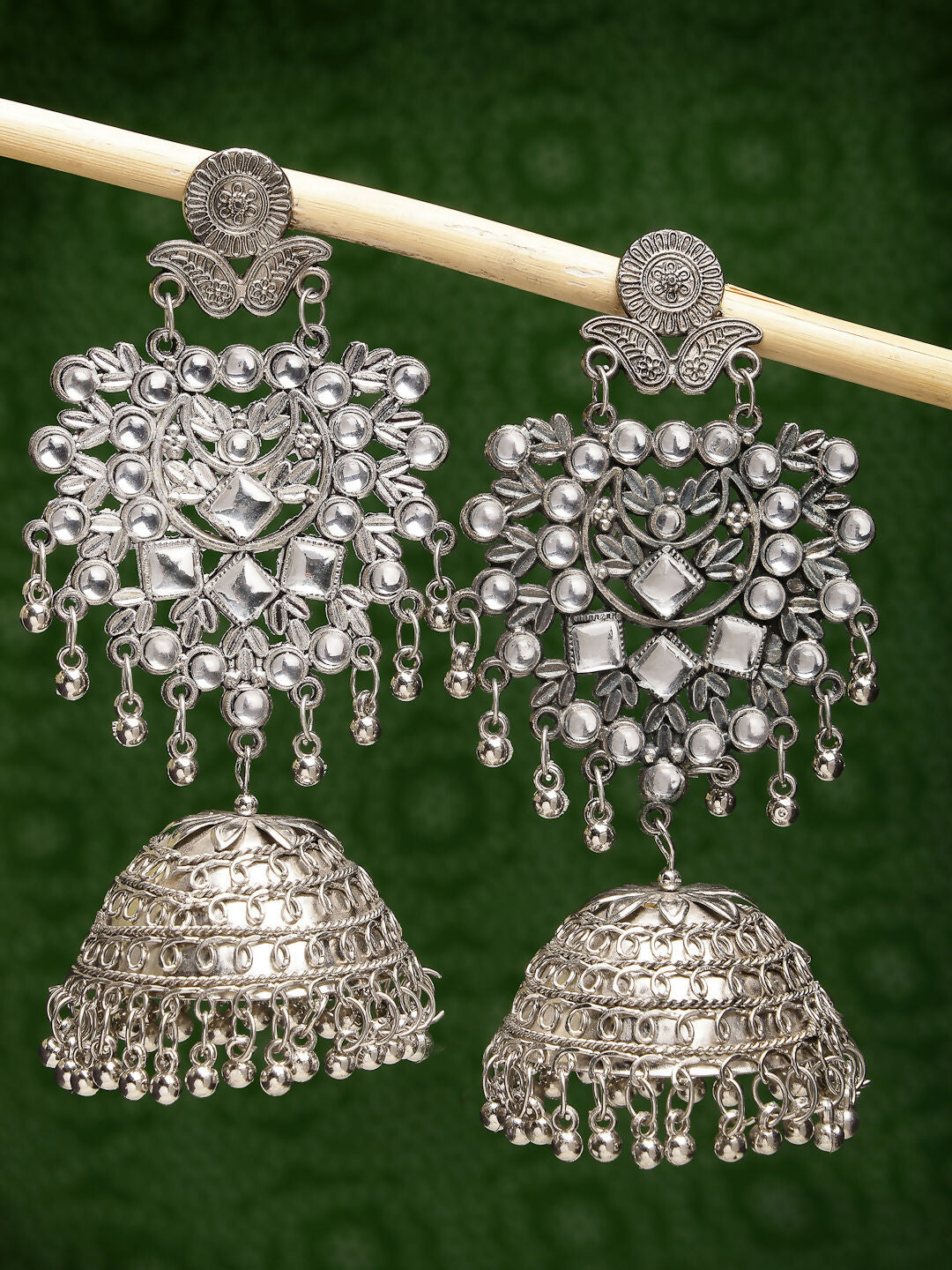 NVR Women's Silver-Plated Oxidised Artificial Stones Dome Shaped Jhumka Earrings | Swadesiicart
