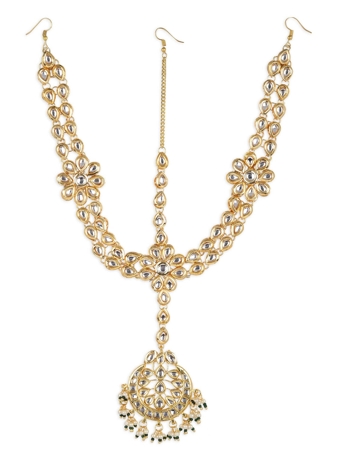 Gold-Polished White Kundan-Studded Pearl Beaded Matha Patti - Ruby Raang | Swadesiicart