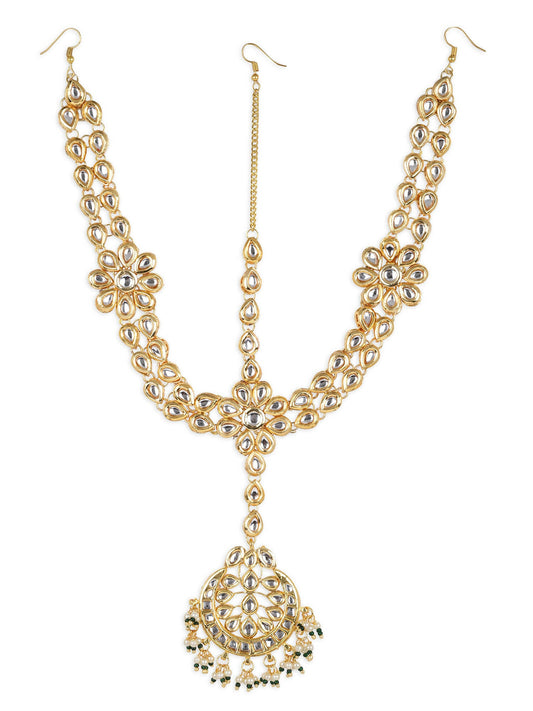 Gold-Polished White Kundan-Studded Pearl Beaded Matha Patti - Ruby Raang | Swadesiicart