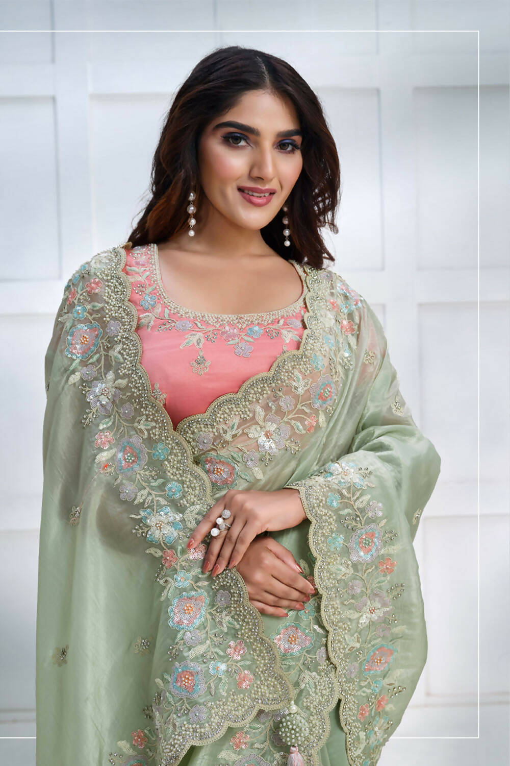 Green Banarasi Crush silk Sequence Embroidered with Stone work Saree - Mohmanthan Majestica | Swadesiicart