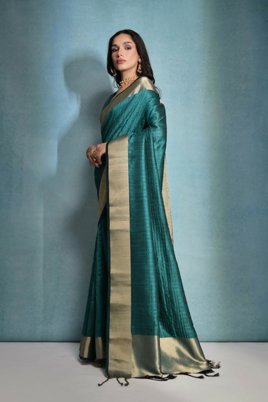 Vishnu Weaves Women's Rama Raw Silk Zari Woven Saree with Blouse - Swadesiicart