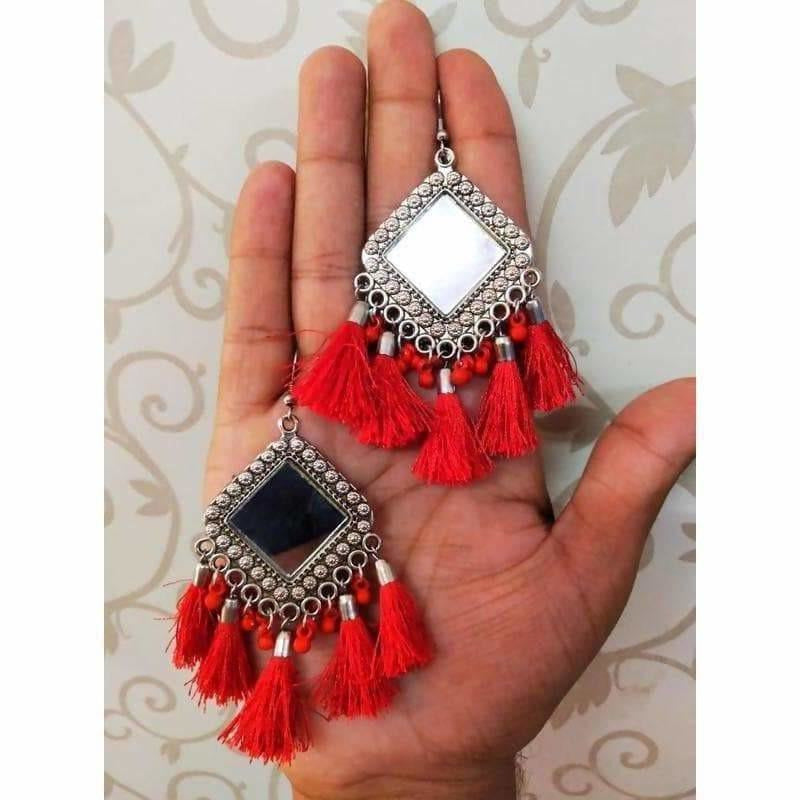 MS Fashion India Silver Mirror Oxidized Red Color Silk Threads German Silver Earrings | Swadesiicart
