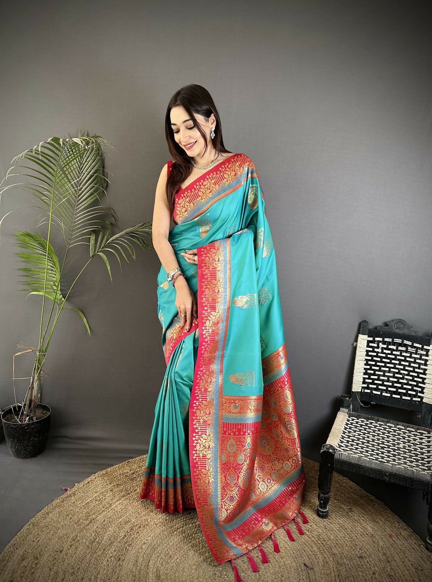 Joban Fashion Aqua Green Banarasi Soft Silk Peacock Butta Work Saree | Swadesiicart