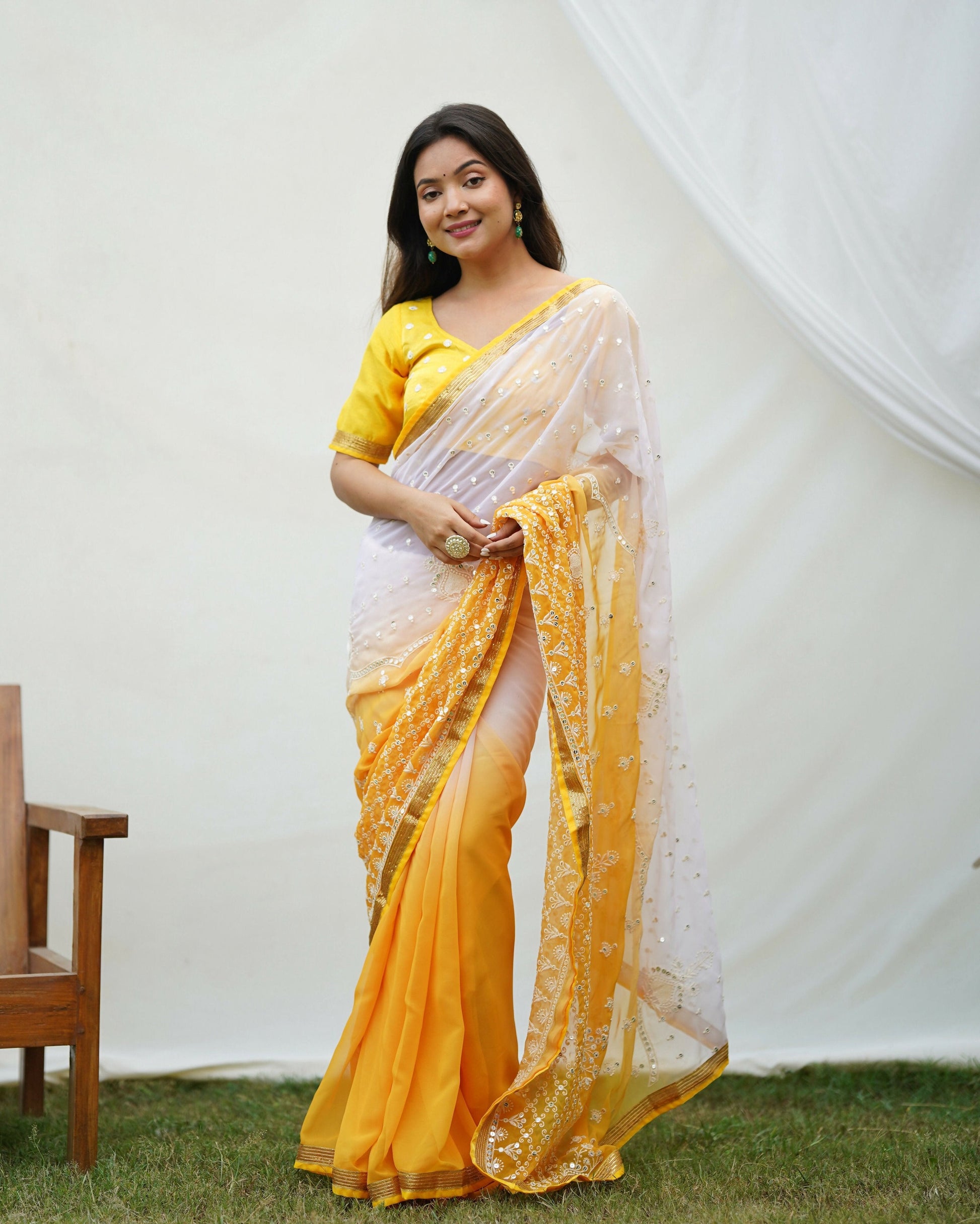 Vamsee Yellow Sequence 2 Yellow & White Georgette Saree - Swadesiicart