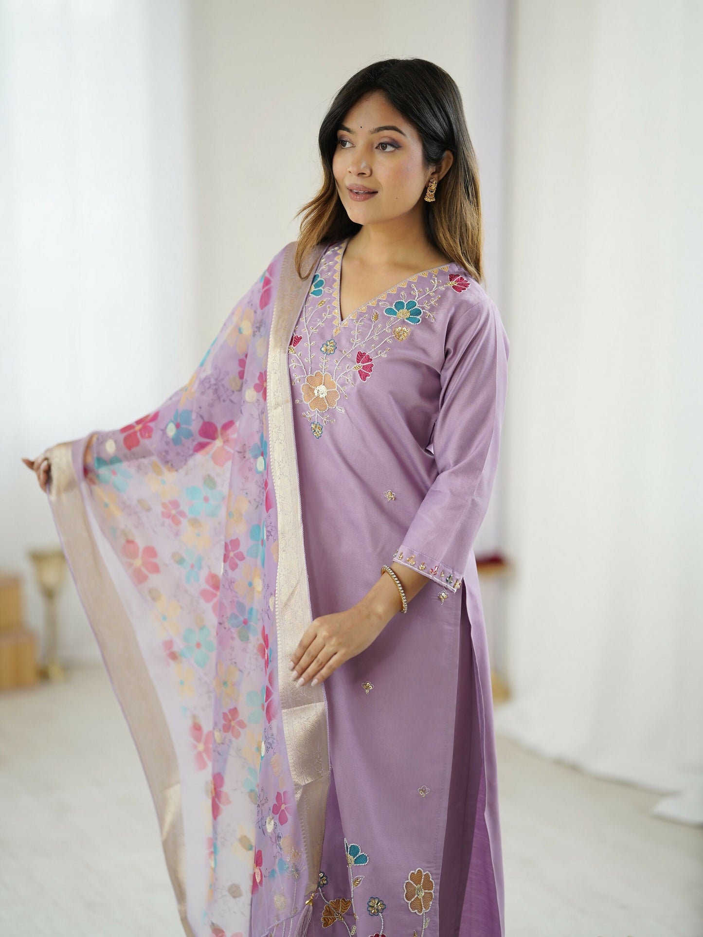 The52 Lavender Women's Gorgeous Embroidered work Viscose Gadhwal Fabric Straight Kurta, Pant and Dupatta Set - Swadesiicart
