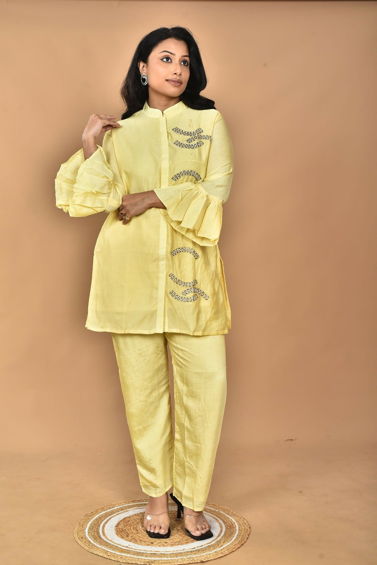 Morchari Women Hand Embroidery Co-Ords-Yellow - Swadesiicart