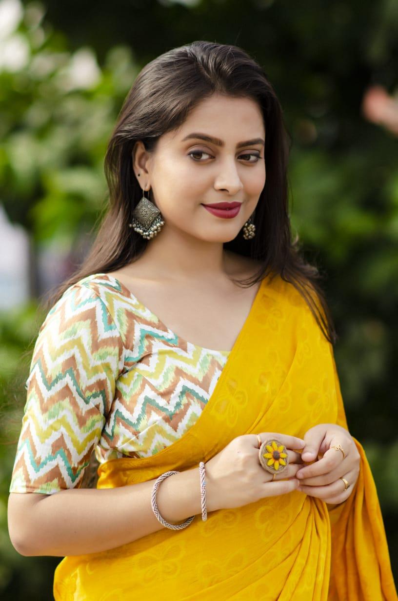 Mustard Silk Blend Ethnic Motifs Saree with Unstitched Blouse - Hiral Fashion | Swadesiicart