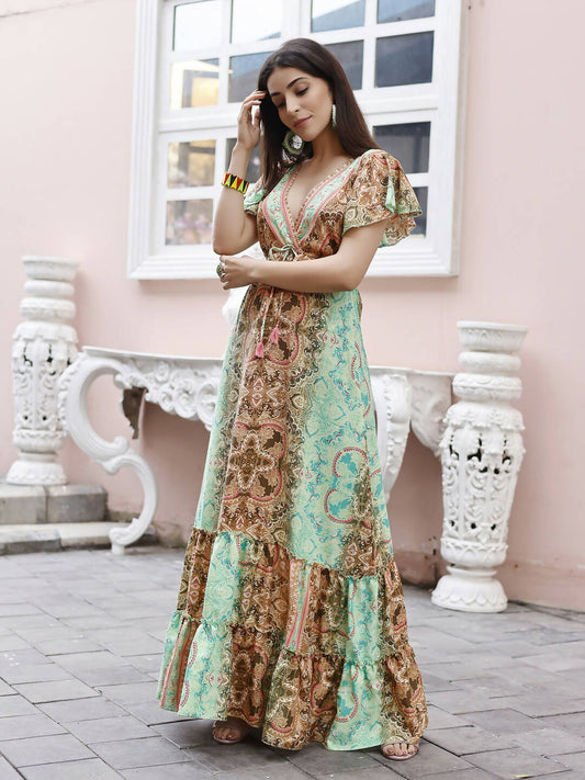Sea Green Rayon Foil Printed Long Dress - Michan | Swadesiicart
