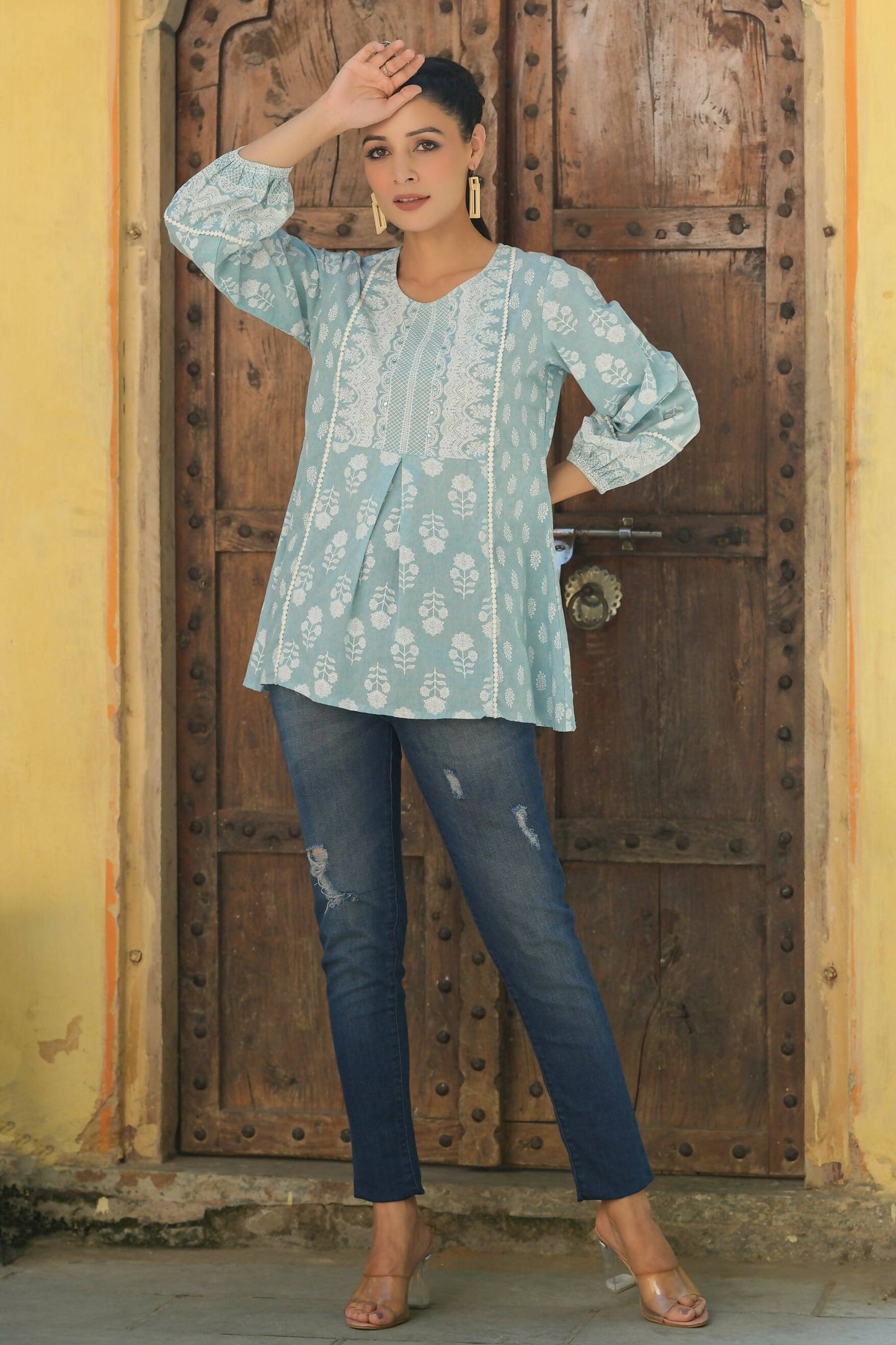 Juniper Women's Skyblue Cambric Placement Floral Printed Tunic | Swadesiicart