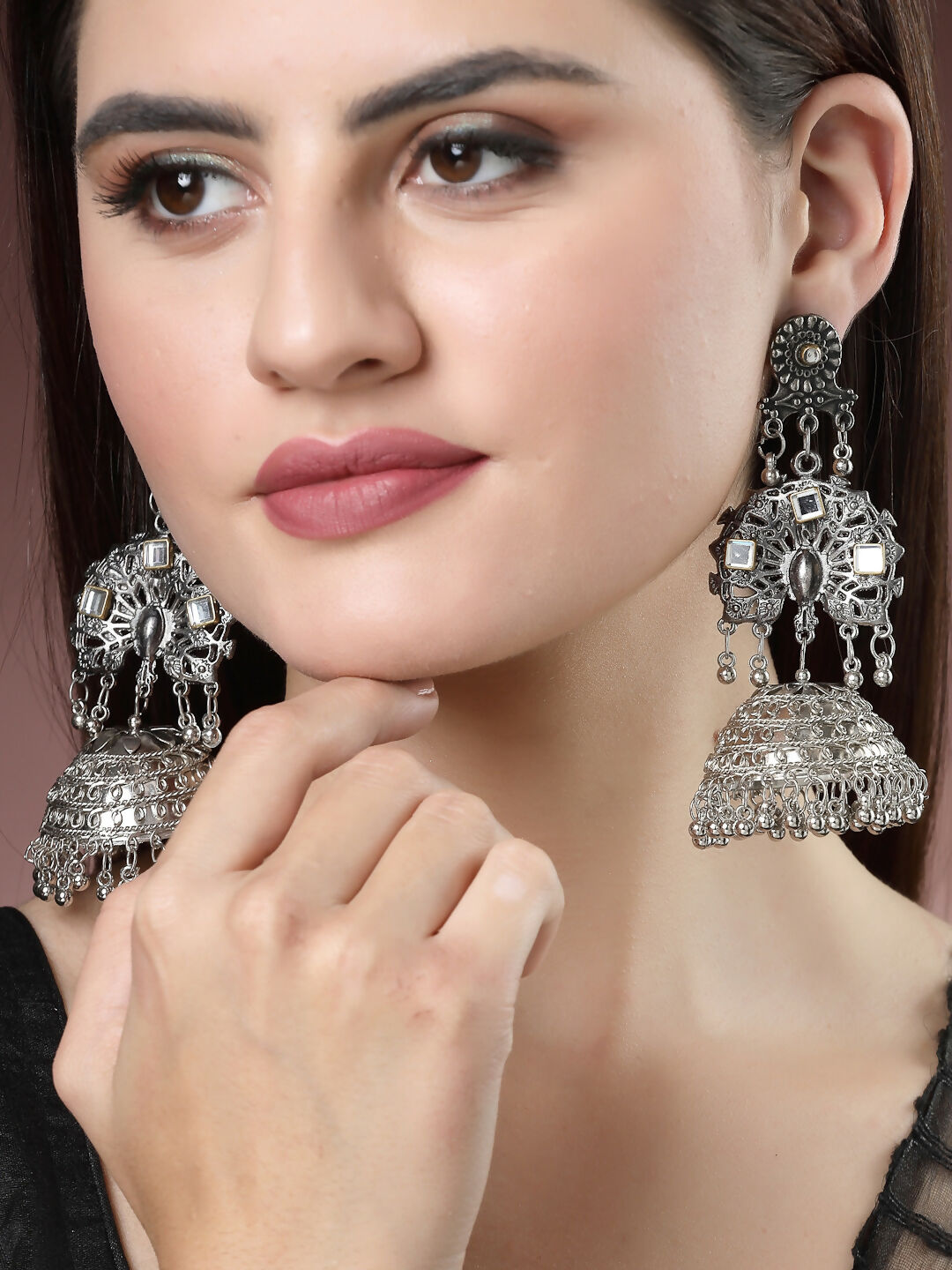 NVR Women's Silver Plated Mirror Work Oxidised Contemporary Jhumka Earrings | Swadesiicart