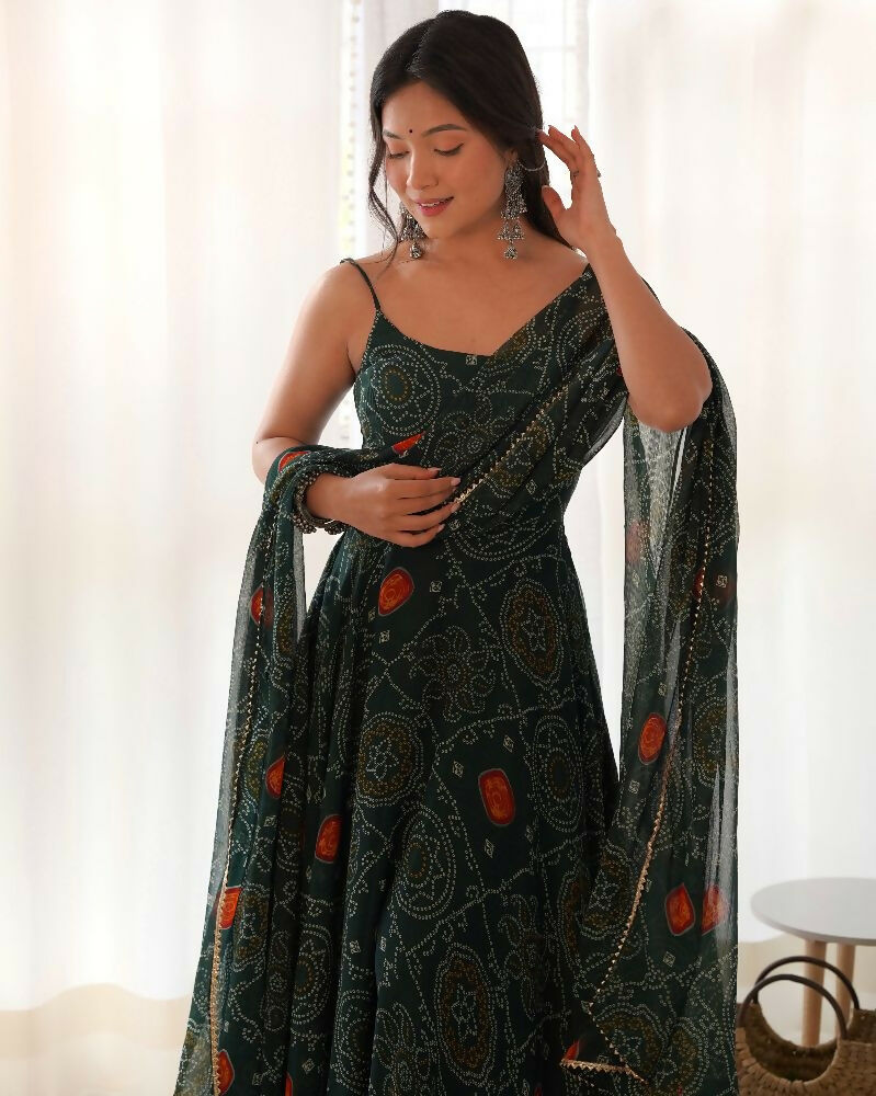 Joban Fashion Bottle Green Kurta Set Chiffon Sequin Embroidery Work - Swadesiicart