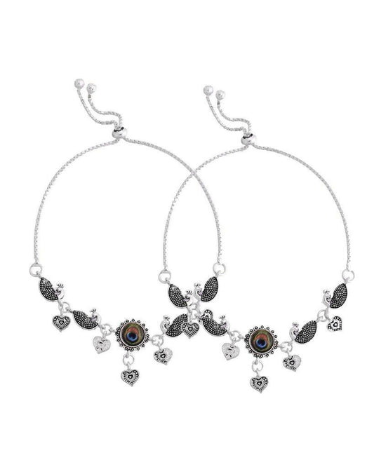 VOJ Set Of 2 Silver Plated Peacock Handcrafted Anklets - Swadesiicart