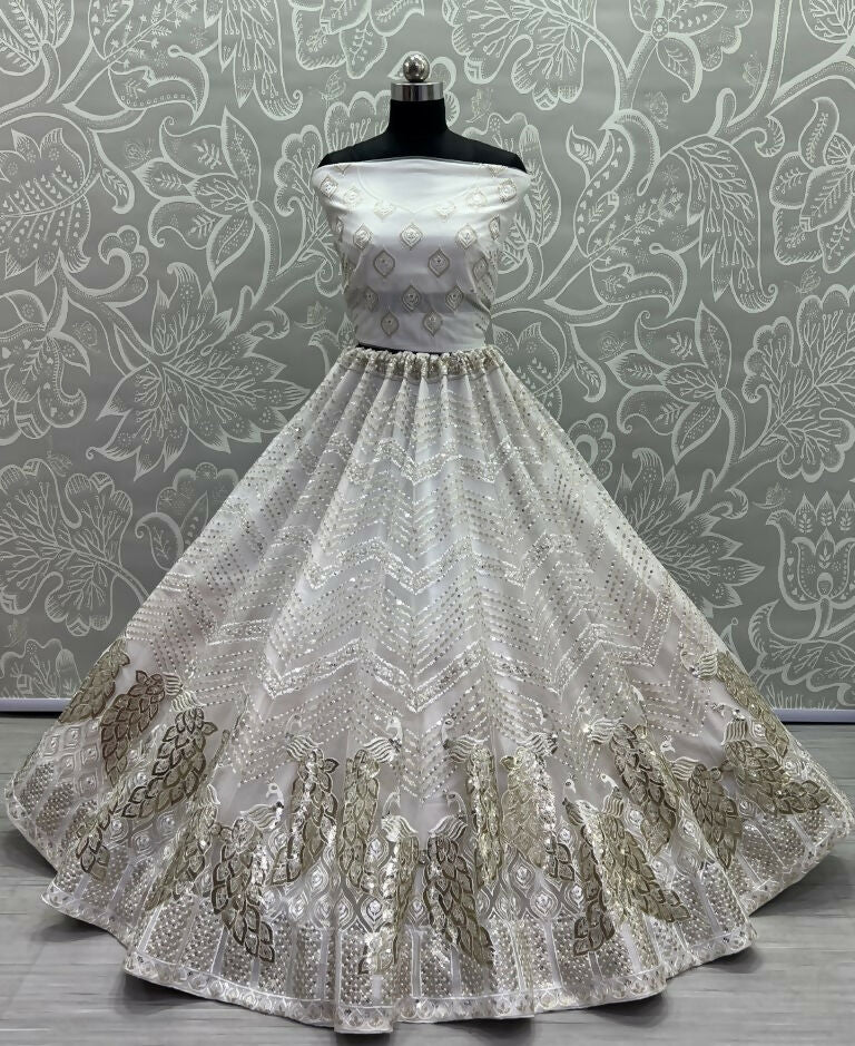 Jyoti Fashion Women's White Bridal Net Fancy Foil & Sequins with Multi Thread Embroidered Wedding Lehenga Choli | Swadesiicart