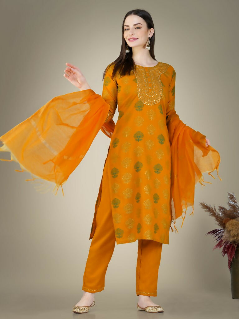 Jyoti Fashion Women's Yellow Cotton Magic Slub Embroidery & Sequence work Kurta with Trouser & Dupatta | Swadesiicart