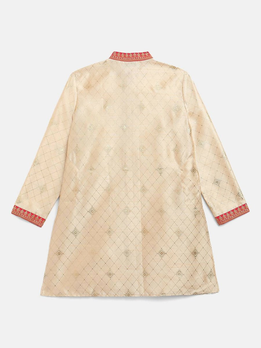 Ahalyaa Beige Poly Silk Gold Print Kids Kurta Churidar Set For Boys | Swadesiicart