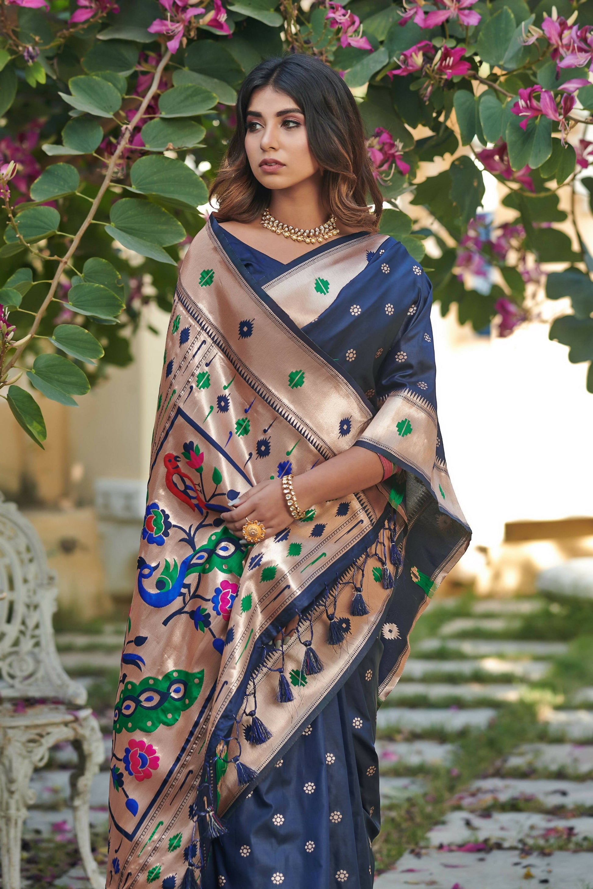 Vishnu Weaves Women's Blue Banarasi Silk Zari Woven Paithani Saree with Unstitched Blouse - Swadesiicart