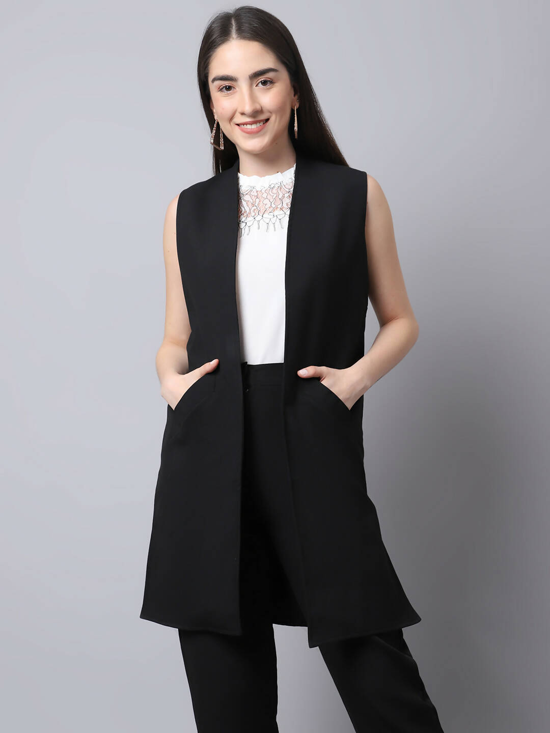 Even Apparels Black Polywool Open Front Women's Long Coat PW668 | Swadesiicart