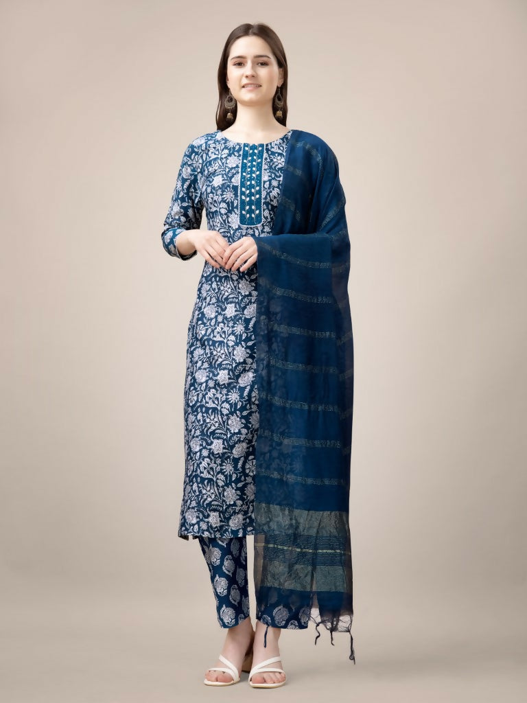 Jyoti Fashion Women's Morpich Rayon Print with Embroidery & Fancy Lace Work Kurta with Trouser & Dupatta | Swadesiicart