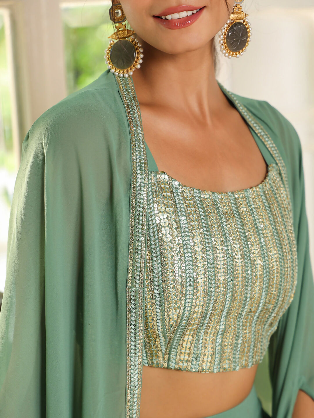 Janasya Sage Green Georgette Sequined Top Bottom Cape | Swadesiicart