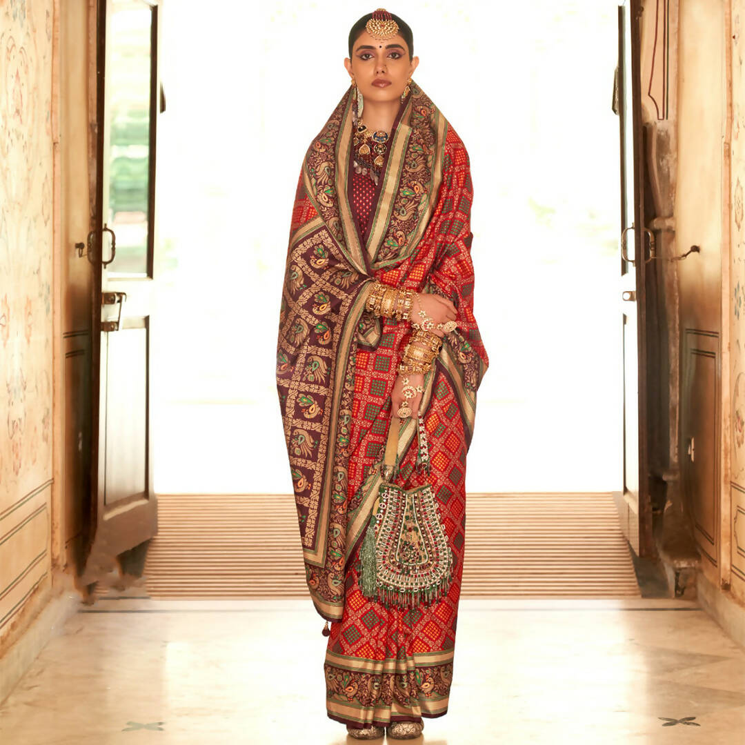Deep Red Silk With Banarasi Print Work Saree - Trirath Yamuna | Swadesiicart