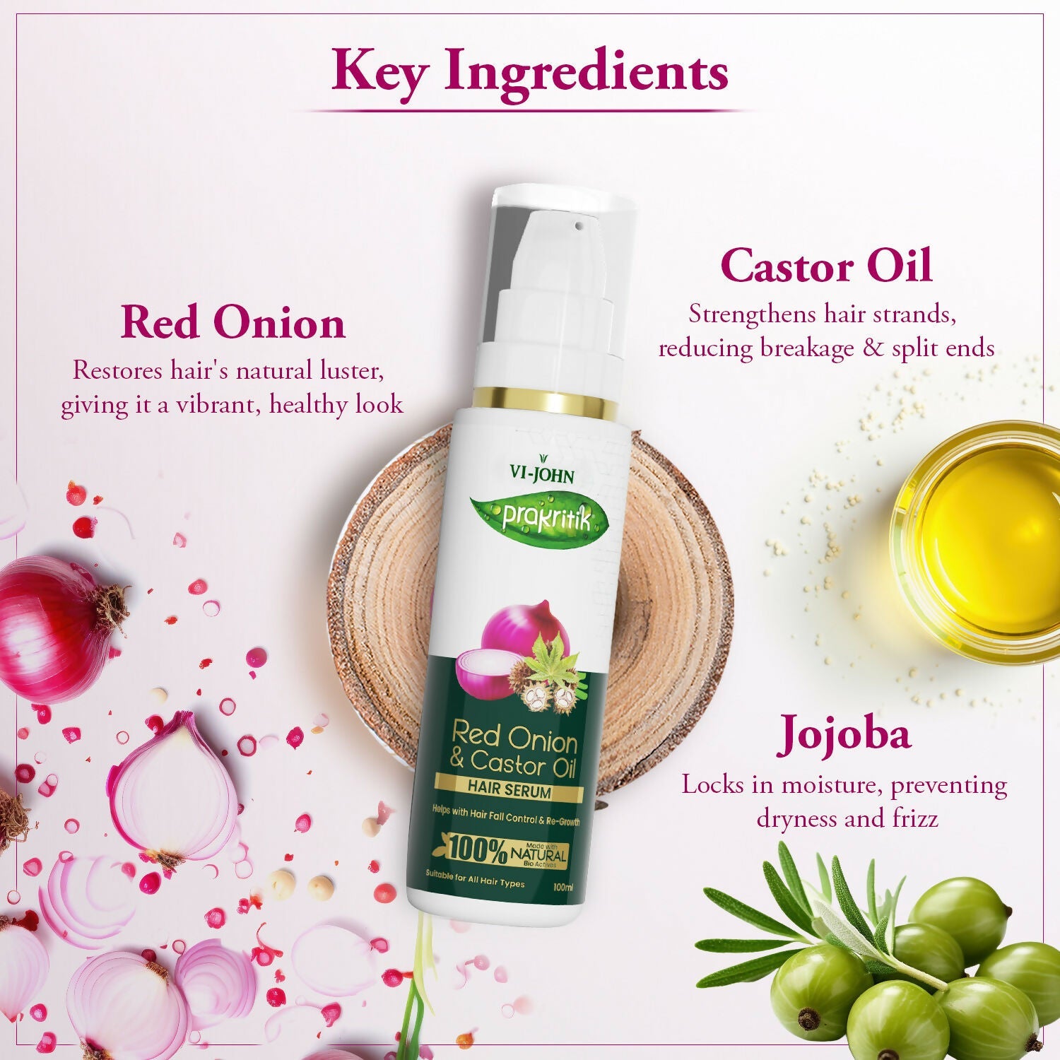 VI-JOHN Prakritik Red Onion & Castor Oil Hair serum, Reduces Hair Loss, 100% Natural Bio Actives Hair Oil | Swadesiicart