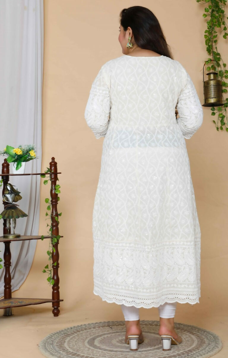 Miravan Women's Plus Size Beige Chikankari Thread Work Anarkali Kurta With Dupatta | Swadesiicart