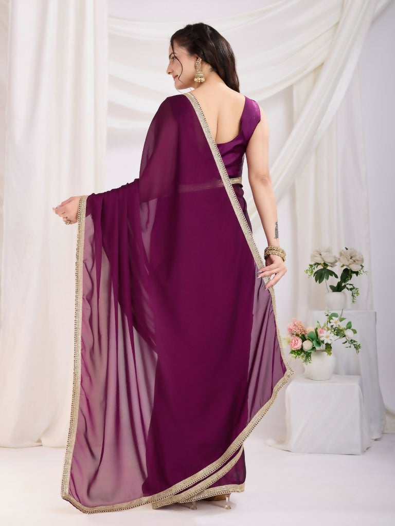 Purple Rangoli Silk Solid, Lace Border Ready To Wear Saree - Kashvi | Swadesiicart