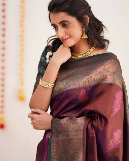 DEIANA'S Beautiful Designer Golden zari Soft Lichi Silk Saree - Brown - Swadesiicart
