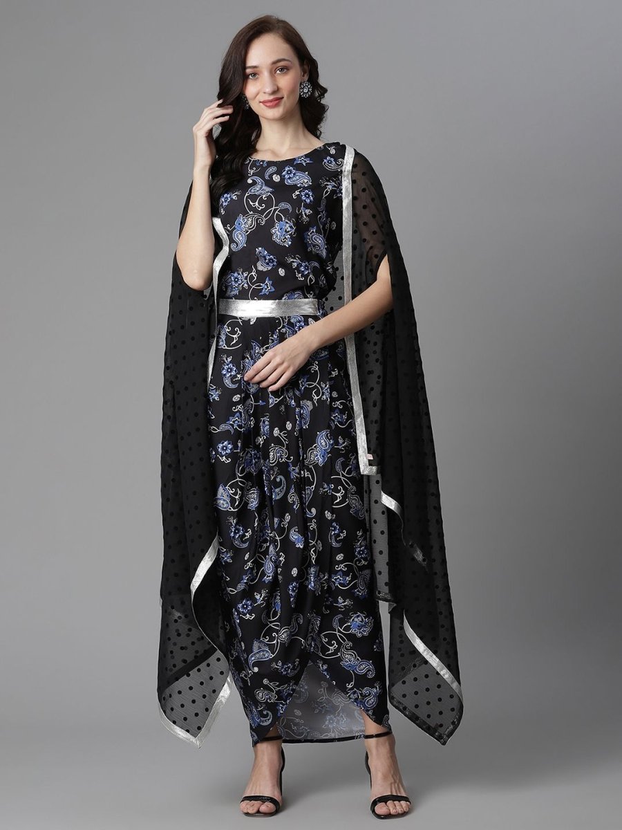 Ahalyaa Women's Black Crepe Digital Print Top Skirt With Shrug | Swadesiicart