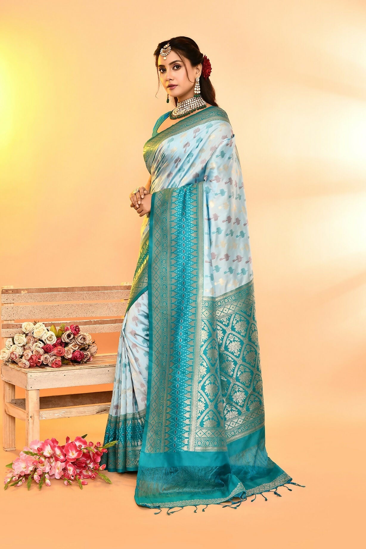 Joban Fashion Sky Blue & Rama Plain With Weaving Border Banarasi Silk Sarees | Swadesiicart