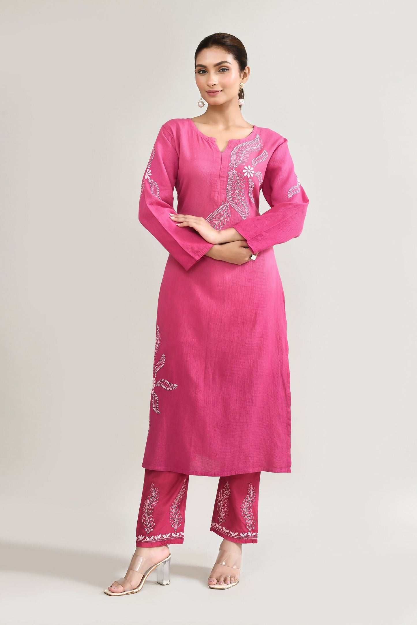 Joban Fashion Womens Cotton ChikanKari pink Kurta set - Swadesiicart