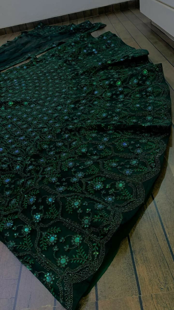 Jyoti Fashion Women's Dark Green Net Sequins with Dori & Thread Embroidered Designer Lehenga Choli Set | Swadesiicart