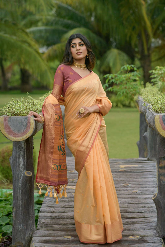 Vishnu Weaves Women's Orange Cotton Silk Zari Woven Saree with Blouse - Swadesiicart