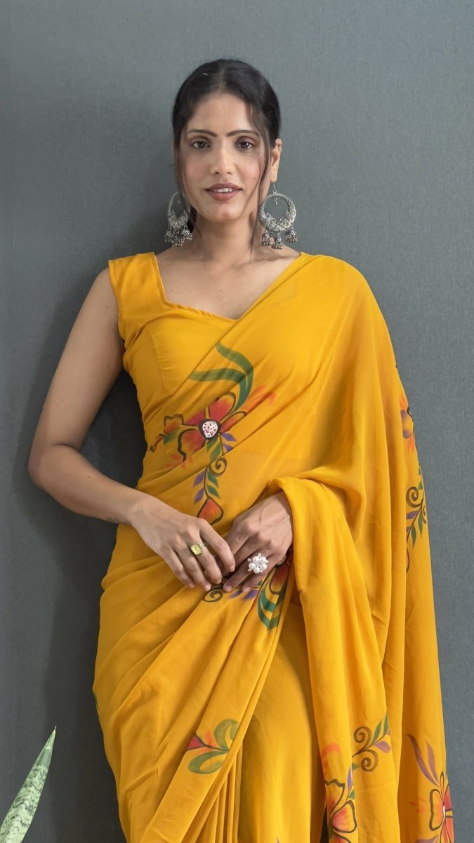 Aayaa Designer 1 min Hand Painted Ready to Wear saree - Mustard Yellow | Swadesiicart