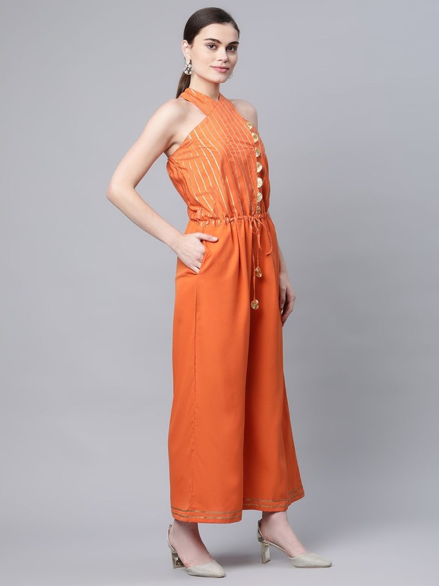 Ahalyaa Womens Orange Crepe Gold Stripped Print Jumpsuit - Swadesiicart