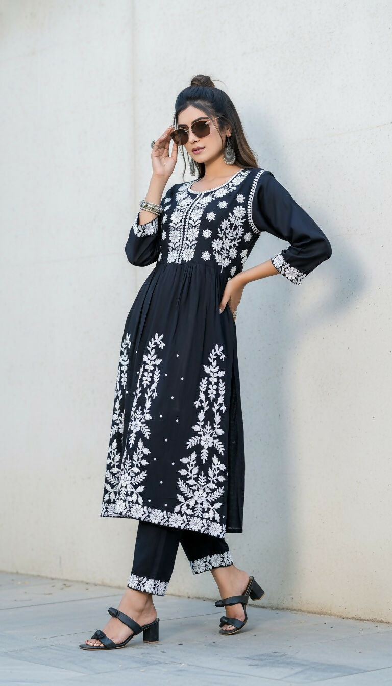 BulBul Arushi Black Rayon Kurta Set with Lucknowi Work - Swadesiicart