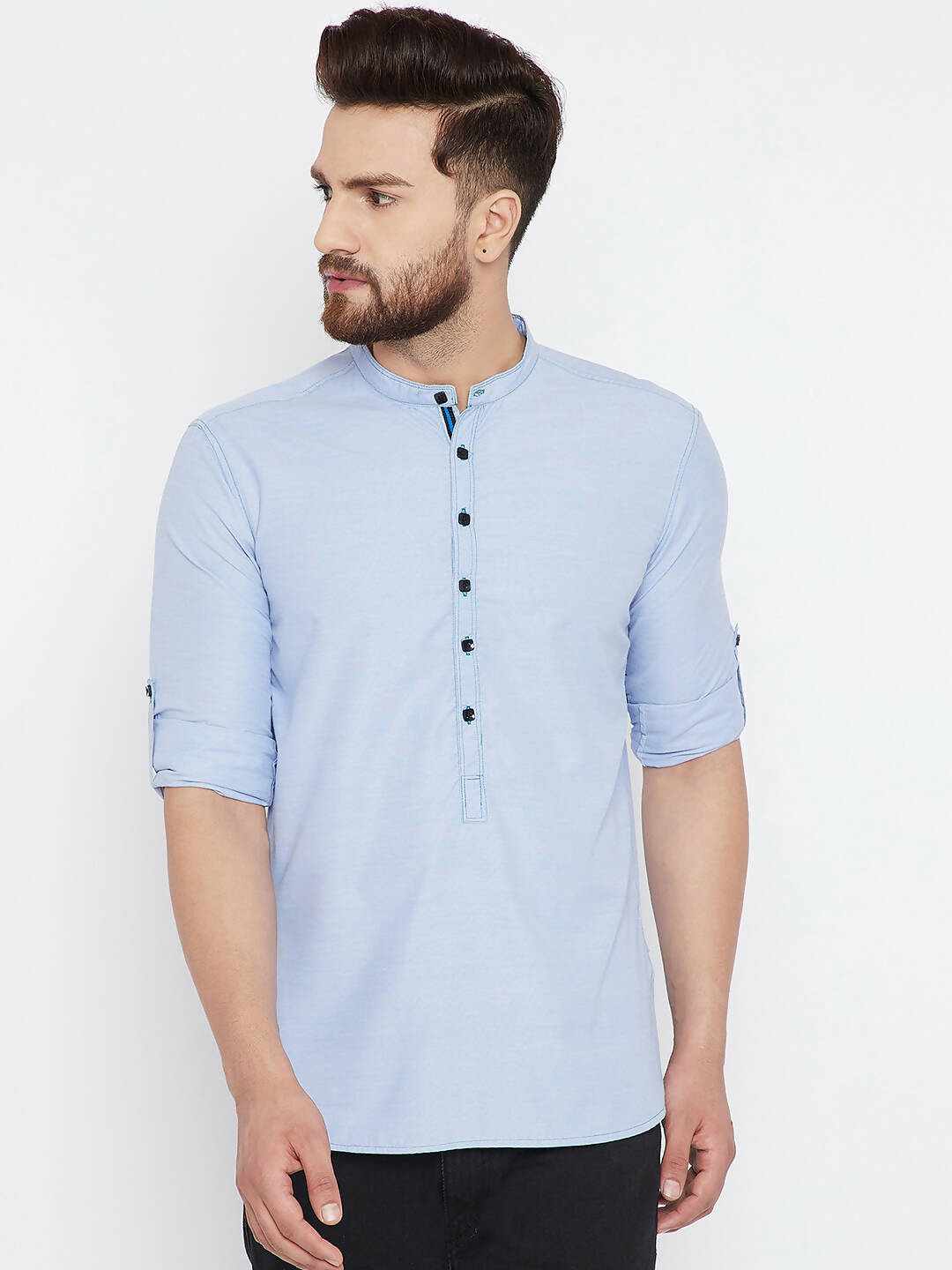 Even Apparels Blue Pure Cotton With Band Collar Men's Kurta | Swadesiicart