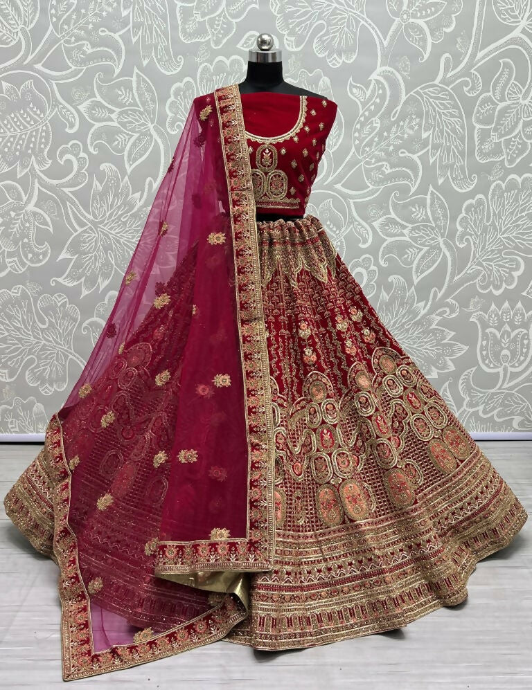 Jyoti Fashion Women's Rani Pink Velvet Multi Thread Embroidered with Zircon Diamond Wedding Lehenga Choli | Swadesiicart