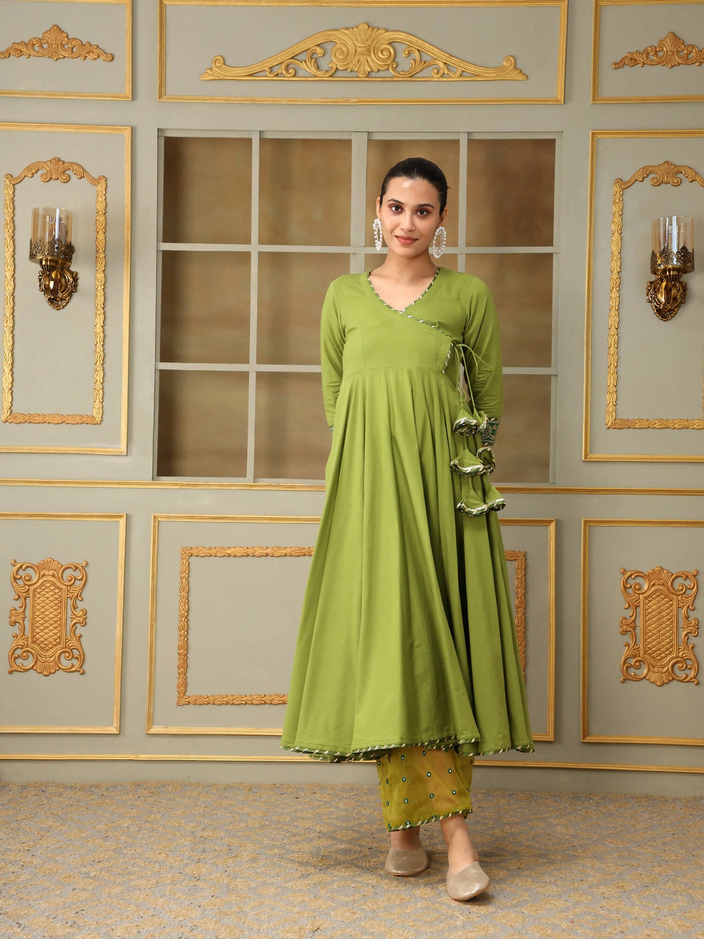 Pomcha Jaipur Green Saadgi Mehendi Green Mirror Work Angrakha Set | Swadesiicart