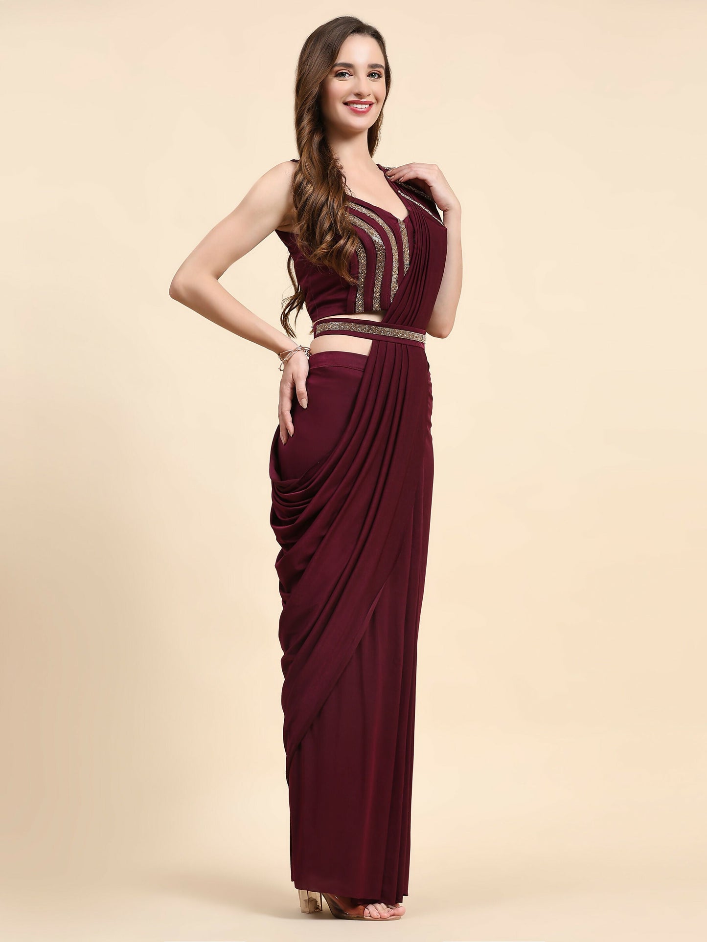 Maroon Polyester Solid Ready to Wear Saree with stitched Blouse - Nita | Swadesiicart