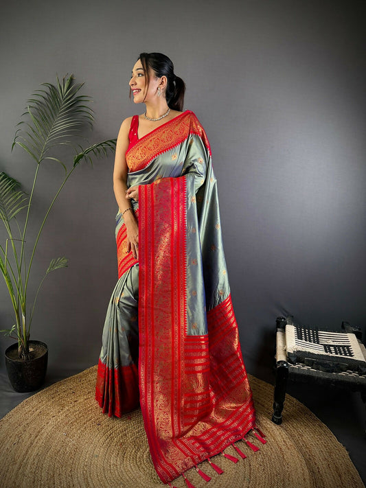 Joban Fashion Banarasi Grey Woven Soft Silk Saree | Swadesiicart