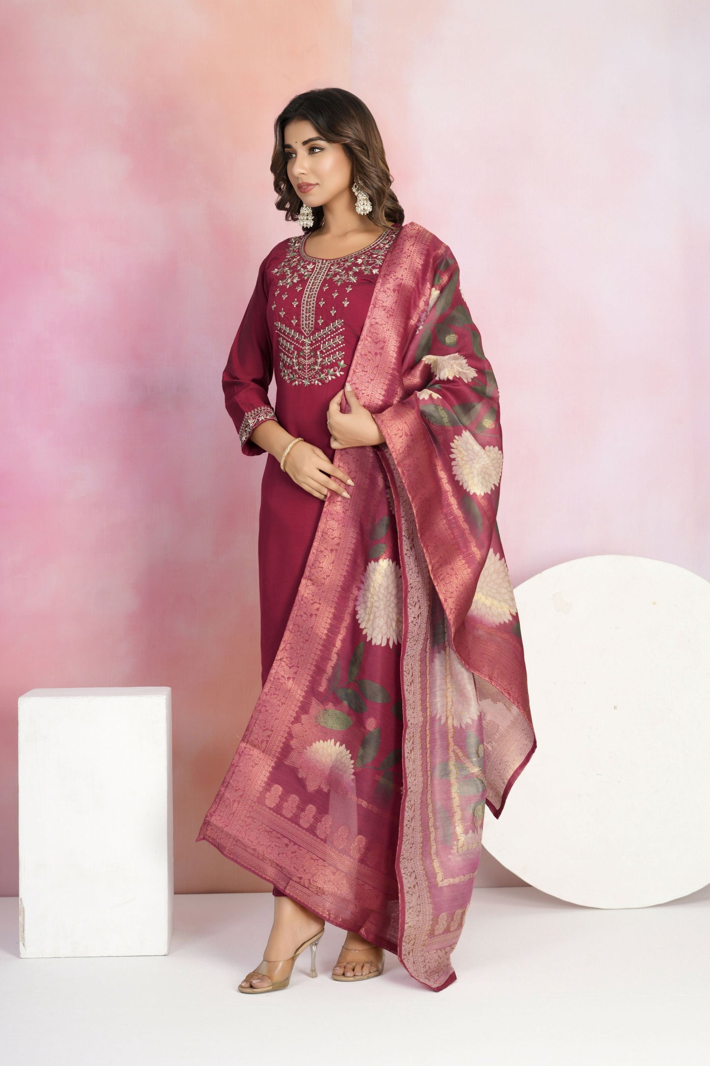 Ethnic Festive Wear Viscose Chanderi Maroon Stitched Suit With Dupatta - Tanisha | Swadesiicart