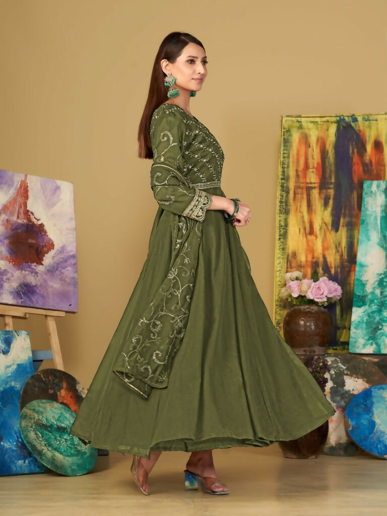 Jyoti Fashion Women's Olive Green Georgette Embroidered Anarkali Kurta Pant Set With Dupatta | Swadesiicart