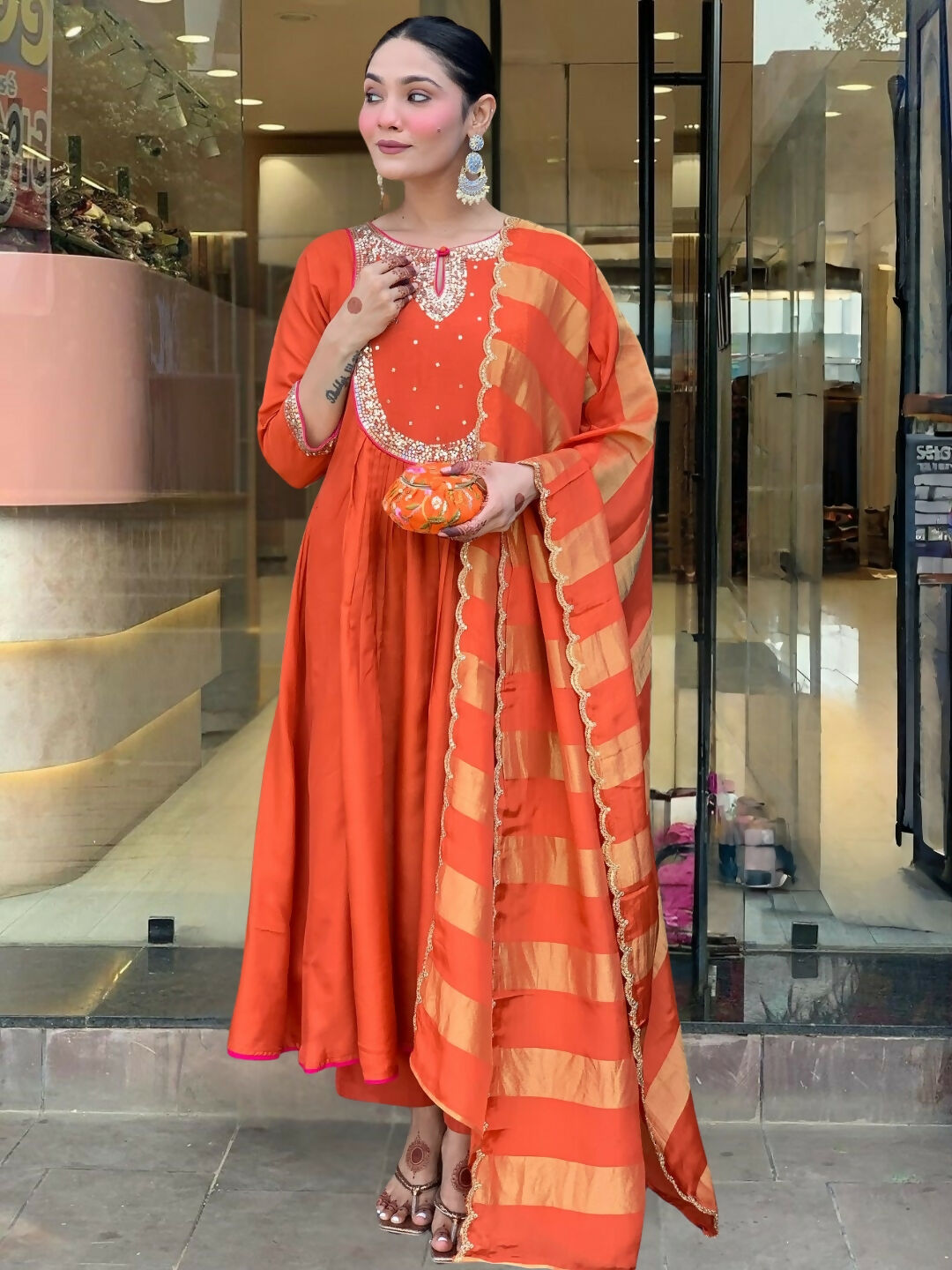 The52 Rust Women's Gorgeous Embroidered Work Chanderi Fabric Flared Kurta Pant and Dupatta Set - Swadesiicart
